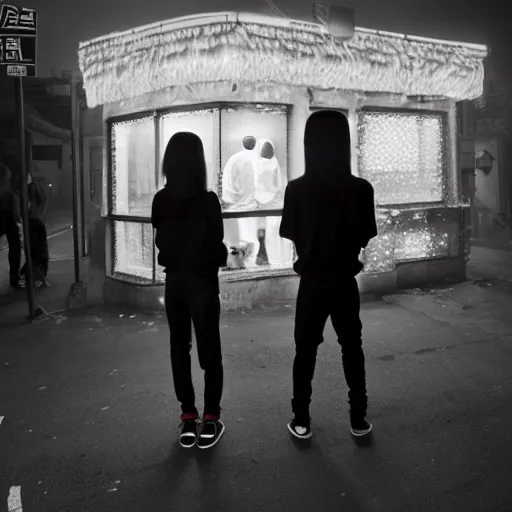 Prompt: a tiny nightclub with a few chinese lanterns, a couple of modern subculture teenagers standing and talking to each other, wearing black modern clothes, designed by rick owens, hyperrealistic, extremely lifelike attributes & lifelike texture, hyperdetailed, by gregory crewdson