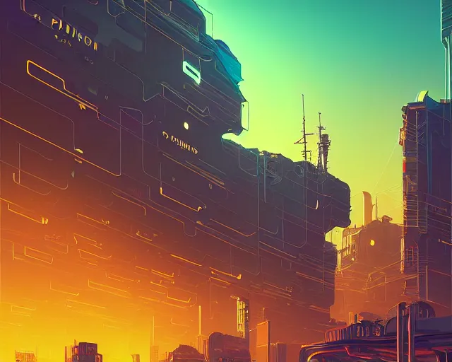 Image similar to beautiful painting of a cyberpunk marseilles inspired by phillipe stark, art by mike winkelmann, golden hour, illustration, highly detailed, simple, smooth and clean vector curves, no jagged lines, vector art, smooth, artstation