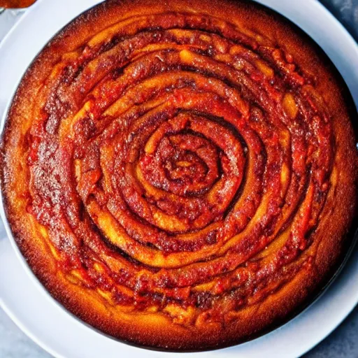 Image similar to close view of a beautiful and delicious chorizo cake piece, chorizo slices on top, 4 k