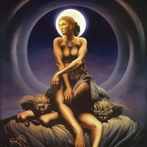 Image similar to sleep of wise old beautiful woman Desert Deity under unresolved evil moon illusion, in the style of Frank Frazetta, Jeff Easley, Caravaggio, extremely clear and coherent, clear lines, 8K revolution