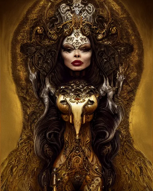 Image similar to concept art, Briana Banks, beautiful, frank frazetta, ornate, art nouveau, symmetrical, gold jewelry, high contrast, unbiased render, Emil melmoth, eerie, haunting, victorian, 8k, octane render, style of Gustav Klimt, head and shoulders