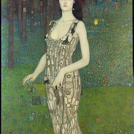 Image similar to Hannah Fierman with beautiful clear defined face and body as a gothic victorian woman standing in front of a lake near an ominous forest. Junji Ito, Gustav Klimt, sharp focus, HR Giger