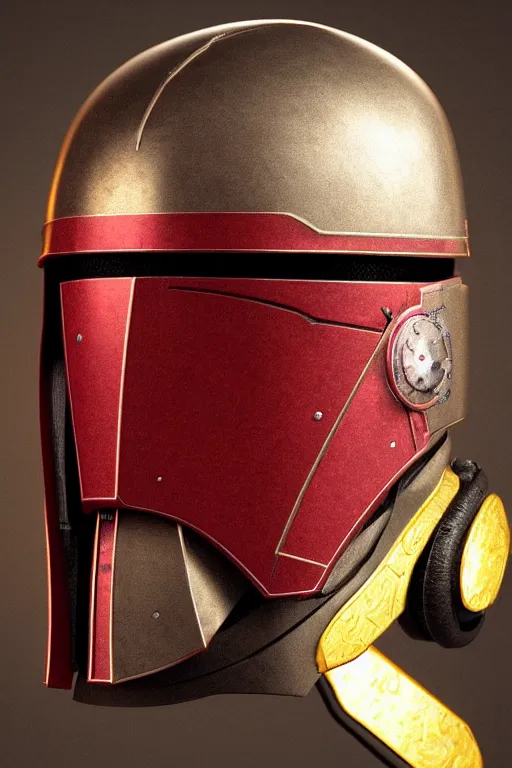 Prompt: an artistic and realistic 8k sculpture of a Mandalorian helmet, bright neon color, steampunk, dramatic lighting, silver gold red details, filigree, intricate details, cinematic, elegant, micro detail, octane render, filmic, interesting camera angle, head and shoulders, 8k post-processing, intricate art by John Collier and Alphonse Mucha and Greg Rutkowski