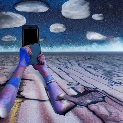 Prompt: a person taking a selfie during the end of the world in a surrealist style
