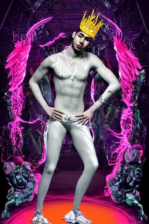 Image similar to full-body rococo and cyberpunk style neon statue of a muscular attractive Zayn Malik macho dotado e rico android sim roupa reclining con las piernas abertas e la piroca dura, ethereal white dripping tar, glowing orange lasers, pink tigers, glowing eyes, silver prince crown, black gears, pink diamonds, swirling mint-colored silk fabric. futuristic elements. full-length view. human skulls. large intricate artwork by caravaggio. Trending on artstation, octane render, cinematic lighting from the right, hyper realism, octane render, 8k, depth of field, 3D