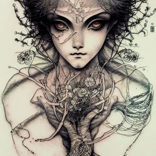 Image similar to prompt: Fragile looking vessel portrait tattooed face character soft light drawn by Vania Zouravliov and Takato Yamamoto, inspired by Fables, magical and alchemical weapons, soft light, white background, intricate detail, intricate ink painting detail, sharp high detail, manga and anime 2000