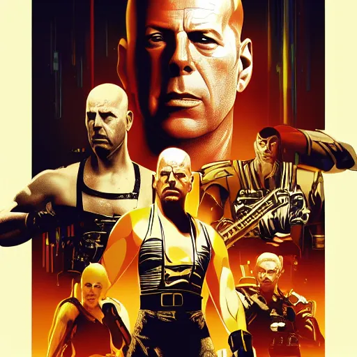 Image similar to bruce willis in the fifth element, cinematic lightning, high definition, illustration, digital painting, cgsociety, dynamic pose, film cover, highly detailed,