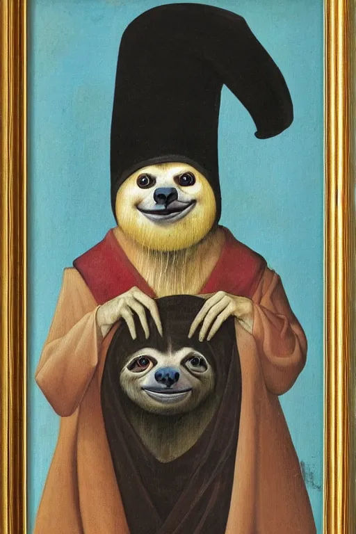 Image similar to silly hieronymus bosch creature. framed oil painting portrait of a sloth man with a silly hat and fancy felt robes. muted colour palette. negative space