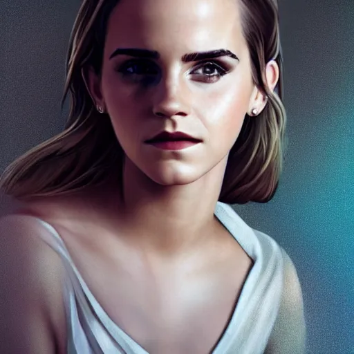 Image similar to portrait of emma watson staring intensely at the viewer, beautiful, long hair, eye contact, high detail, vivid colors, artstation