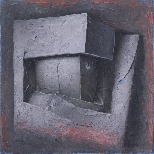 Prompt: an impasto painting by shaun tan of an abandoned abstract sculpture by the caretaker and ivan seal