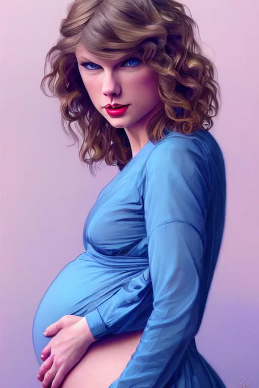 Image similar to pregnant taylor swift in a blue dress, realistic portrait, symmetrical, highly detailed, digital painting, artstation, concept art, smooth, sharp focus, illustration, cinematic lighting, art by artgerm and greg rutkowski and alphonse mucha