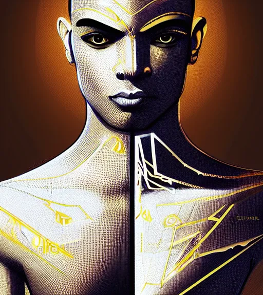 Image similar to symmetry!! egyptian prince of technology, solid cube of light, hard edges, product render retro - futuristic poster scifi, lasers and neon circuits, brown skin man egyptian prince, intricate, elegant, highly detailed, digital painting, artstation, concept art, smooth, sharp focus, illustration, dreamlike, art by artgerm