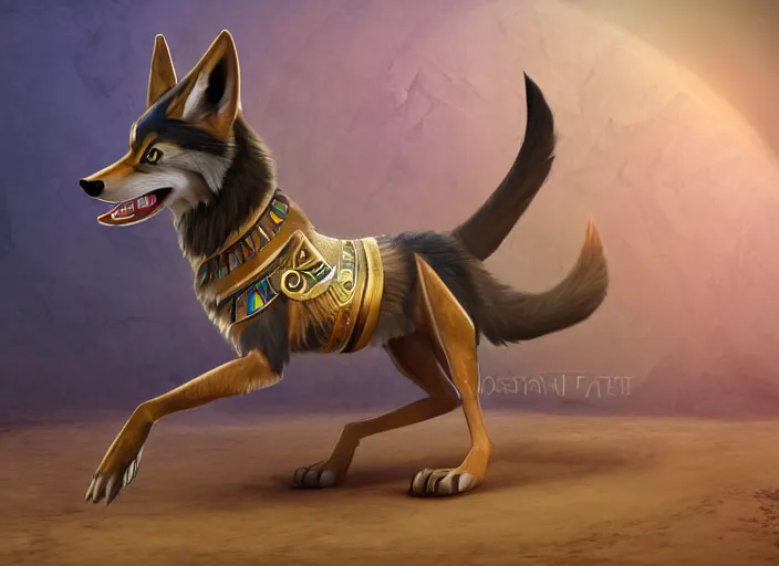 Image similar to hd fullbody egyptian wolf character design of a egyptian wolf. egyptian wolf deviantart adoptable, deviantart species style of maple story and zootopia, artgerm, studio lighting by jessica rossier and brian froud, traditional, artstationhd artstation, zootopia, hq textures