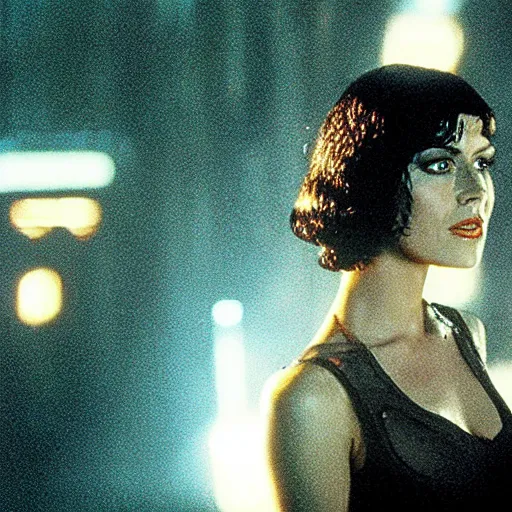 Prompt: a movie still of monica belluci as rachael in blade runner