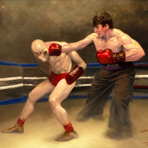 Prompt: a beautiful painting of harry potter fist - fighting voldemort in a boxing ring, rendered art, highly detailed painting by gaston bussiere, craig mullins, j. c. leyendecker 8 k, trending on artstation, art, fighting, watercolor