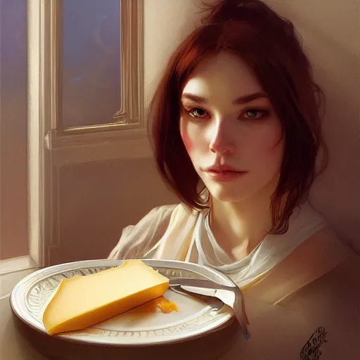 Image similar to a portrait of cat devouring cheese, highly detailed, digital painting, artstation, concept art, sharp focus, illustration, art by artgerm and greg rutkowski and alphonse mucha