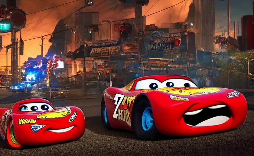 Image similar to vinn diesel and lightning mcqueen from cars 2 hugging, low - light photography, scene from the movie cars 2