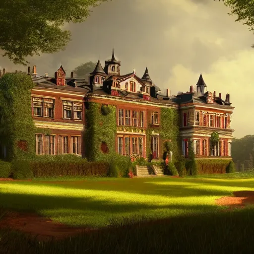 Prompt: matte painting of a countryside landscape of a noble large estate with xix century manor. fantastical, elegant elaborate, red brick, opulent, verdant lawn. sharp focus, smooth detailed digital art trending in artstation