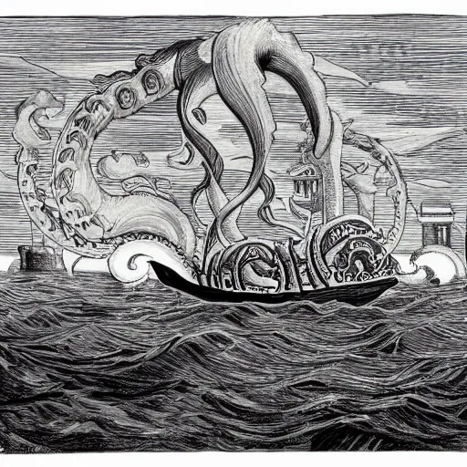 Prompt: Kraken dragging steam boat into the sea. High quality.