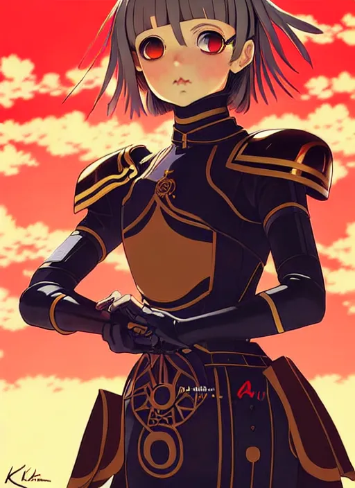 Image similar to ilya kuvshinov anime illustration knight girl in armor, last exile, murata range, fine detail, perfect anime face, dramatic lighting, dynamic composition, art deco, cel shading, vivid, rich texture, yoshinari yoh, alphonse mucha, ( ( ( colorful ) ) ), gustav klimt