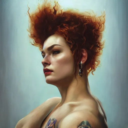 Image similar to portrait of zarya from overwatch in disco elysium, by alexander mcqueen, by roberto ferri, by tom bagshaw, by j. c. leyendecker and klimt, by austin osman spare, highly detailed oil painting, very intricate, cinematic lighting, award - winning, american romanticism, artstation, cgsociety, official art, octane