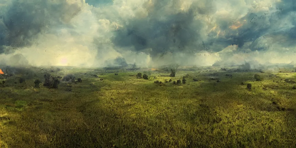 Prompt: two completly different landscapes divided exaclty in the vertical middle by a mysterious force, one landscape with a lot of fire and burned ground and no life and burning sky and another landscape with a lot flora and fauna and trees and blue sky and green ground with lots of gras and animals, hyperrealistic, high quality, 4k, ultra detailed