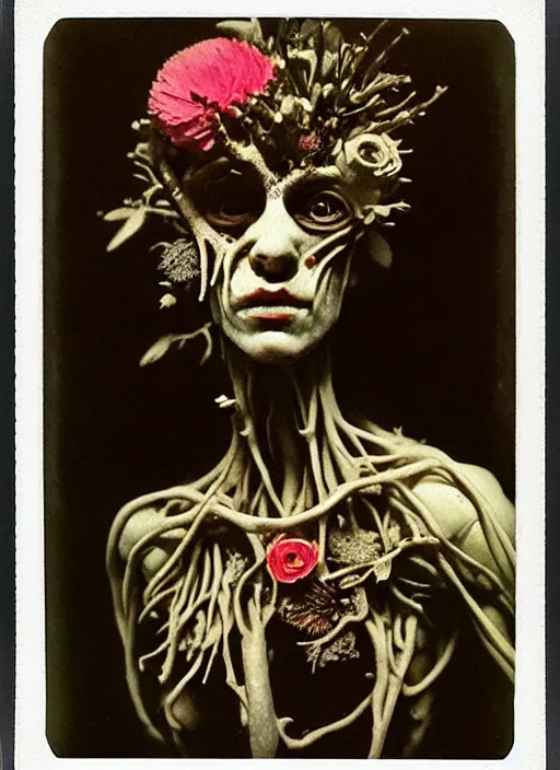 Prompt: beautiful and detailed rotten woman made of plants and many different types of flowers, muscles, intricate, organs, ornate, surreal, john constable, guy denning, dan hillier, manera, caravaggio, 1 9 1 0 polaroid photo