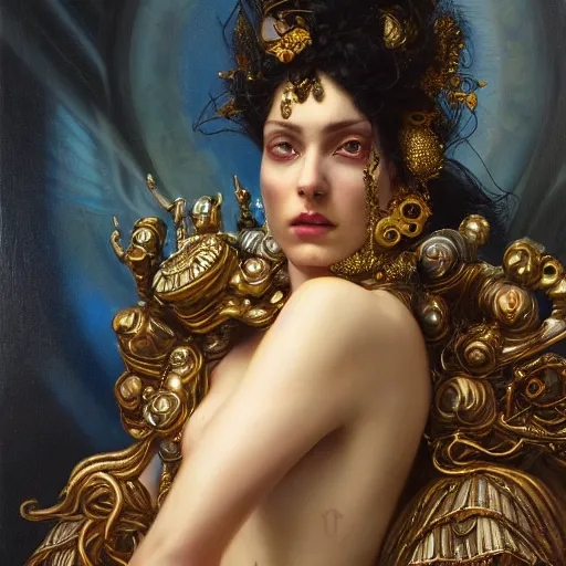 Image similar to highly detailed oil painting | very intricate | cinematic lighting | award - winning | portrait of goddess astarte dressed by alexander mcqueen | by roberto ferri, by tom bagshaw, by j. c. leyendecker and klimt, american romanticism, by austin osman spare, artstation, cgsociety, official art, octane