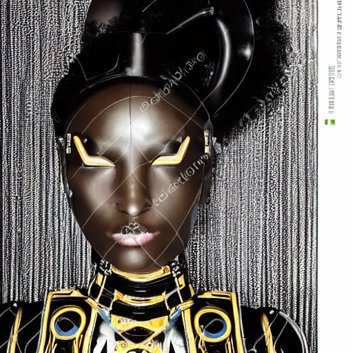 Prompt: close up of a black female fashion model in year 3000 in art-deco entrance hall, model wearing a robotic black dress, photography , official Versace editorial , highly detailed