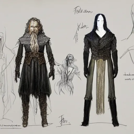 Image similar to costume sketches by Julie Taymor for The Lord of the Rings musical on broadway extremely detailed concept art