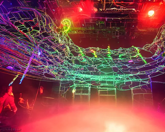 Image similar to Jumping Quetzalcoatl smashing computers, group of people on stage playing instruments, elaborate stage effects, dust, smoke, giant LED screens, colored projections, ultrafine detail, cybersuit, glowing thin wires, smoke, high contrast, projections, holography, volumetric lighting, cinematography by Jim Jarmusch