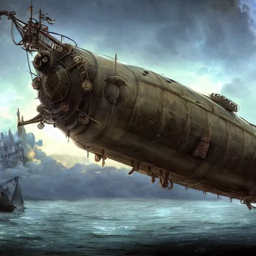 Image similar to a heavily armed airship shaped like a manatee, steampunk, ultra realistic, concept art, intricate details, highly detailed, photorealistic, octane render, 8 k, unreal engine, art by frank frazetta, simon bisley, brom