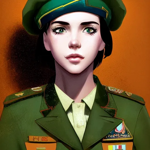 Prompt: portrait bust of young woman with shoulder - length light brown hair and hazel eyes dressed in a sharp dark teal military uniform with beret, smiling, ilya kuvshinov, anime, loish, ross tran