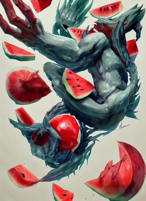 Image similar to semi reallistic gouache gesture painting, by yoshitaka amano, by ruan jia, by Conrad roset, by dofus online artists, detailed anime 3d render watermelon monster, watermelon terrible monster, antrophomorfic watermelon, portrait, cgsociety, artstation, rococo mechanical, Digital reality, sf5 ink style, dieselpunk atmosphere, gesture drawn