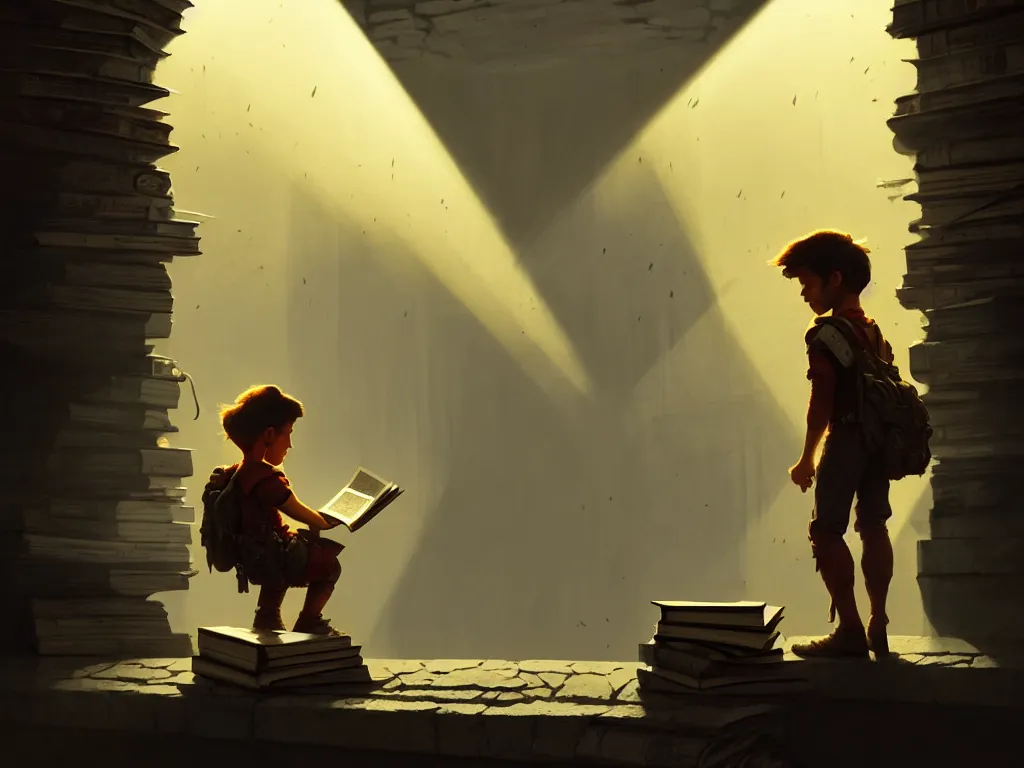 Prompt: kid reading a history book, dramatic lighting, cinematic, establishing shot, high detail, cinematic lighting, post processed, 8k, concept art, artstation, matte painting, in the style of eddie mendoza, raphael lacoste, alex ross