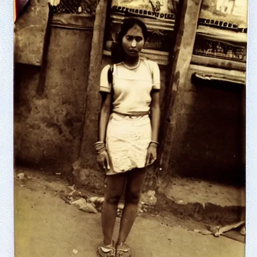 Image similar to 3 5 mm vintage polaroid picture of a nepali girl in the street of kathmandu, posing for playboy photoshoot