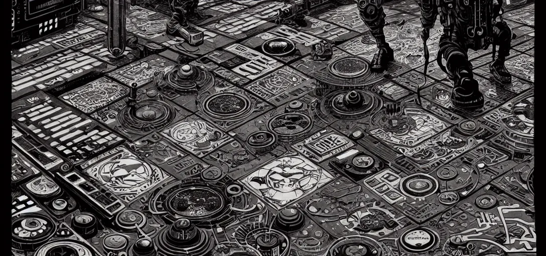 Image similar to cyberpunk steampunk tiled floor, 1 - point perspective, high details, bold line art, by vincent di fate and joe fenton, inking, screen print, masterpiece, trending on artstation, sharp, high contrast, hyper - detailed,, hd, 4 k, 8 k