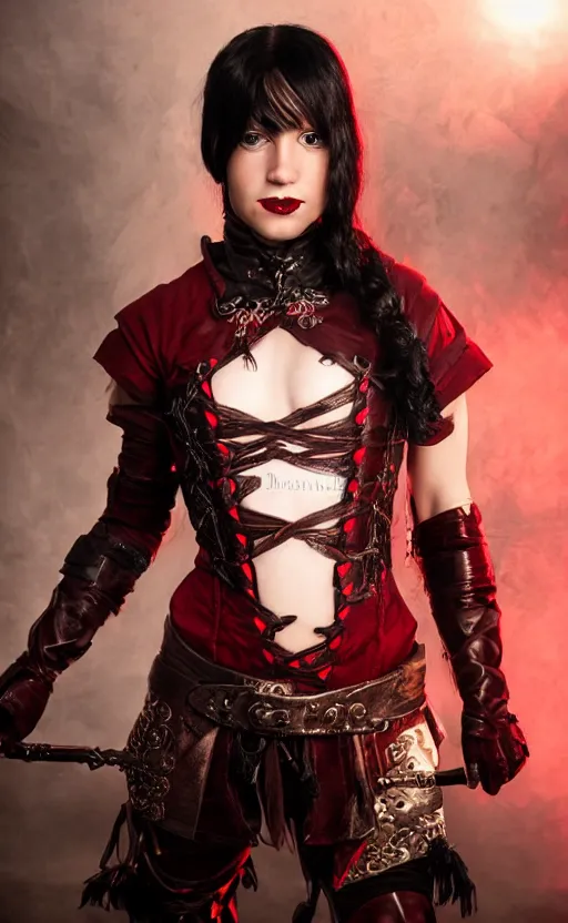 Image similar to epic fantasy portrait of a female halfling, black hair, red leather corset, cinematic, beautiful lighting, heroic