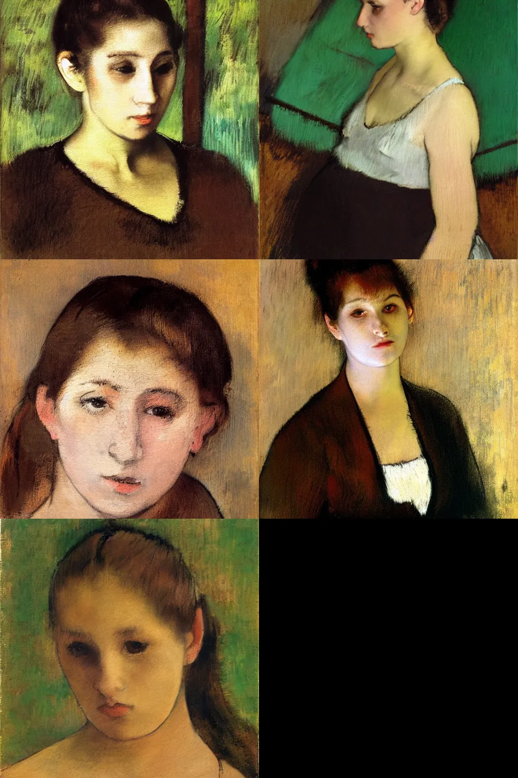 Prompt: an hd painting of a woman by edgar degas. she has long straight dark brown hair, parted in the middle. she has large dark brown eyes, a small refined nose, and thin lips. she is wearing a t - shirt with the supreme brand logo lettering on it, a sleeveless white blouse, a pair of dark brown capris, and black loafers.