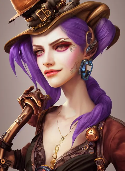 Image similar to steampunk portrait of jinx from league of legends, au naturel, hyper detailed, digital art, trending in artstation, cinematic lighting, studio quality, smooth render, unreal engine 5 rendered, octane rendered, art style by klimt and nixeu and ian sprigger and wlop and krenz cushart.