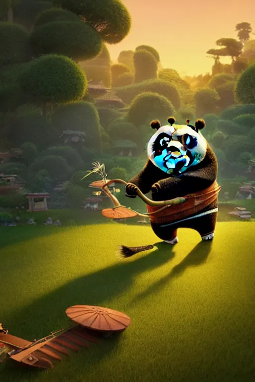 Image similar to kung fu panda po mowing his lawn with an old school lawn mawer, suburban garden, golden hour, cgsociety and beeple highly detailed, cinematic lighting, illustration, art, octane render, unreal engine lumen, very coherent. cinematic, hyper realism, high detail, octane render, 8 k