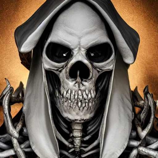 Image similar to photorealistic still portrait photograph of real - life ainz looking at the camera, overlord, depth of field, soft focus, highly detailed, intricate, realistic, national geographic cover, textured detailed skeleton, professional archeological photograph