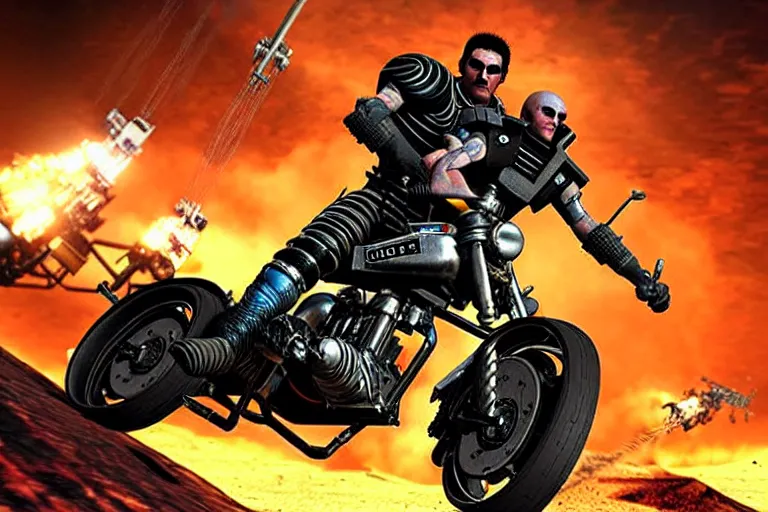 Image similar to mad max riding his Interceptor in space, fighting mutants on space bikes, action-scene, very detailed, high octane