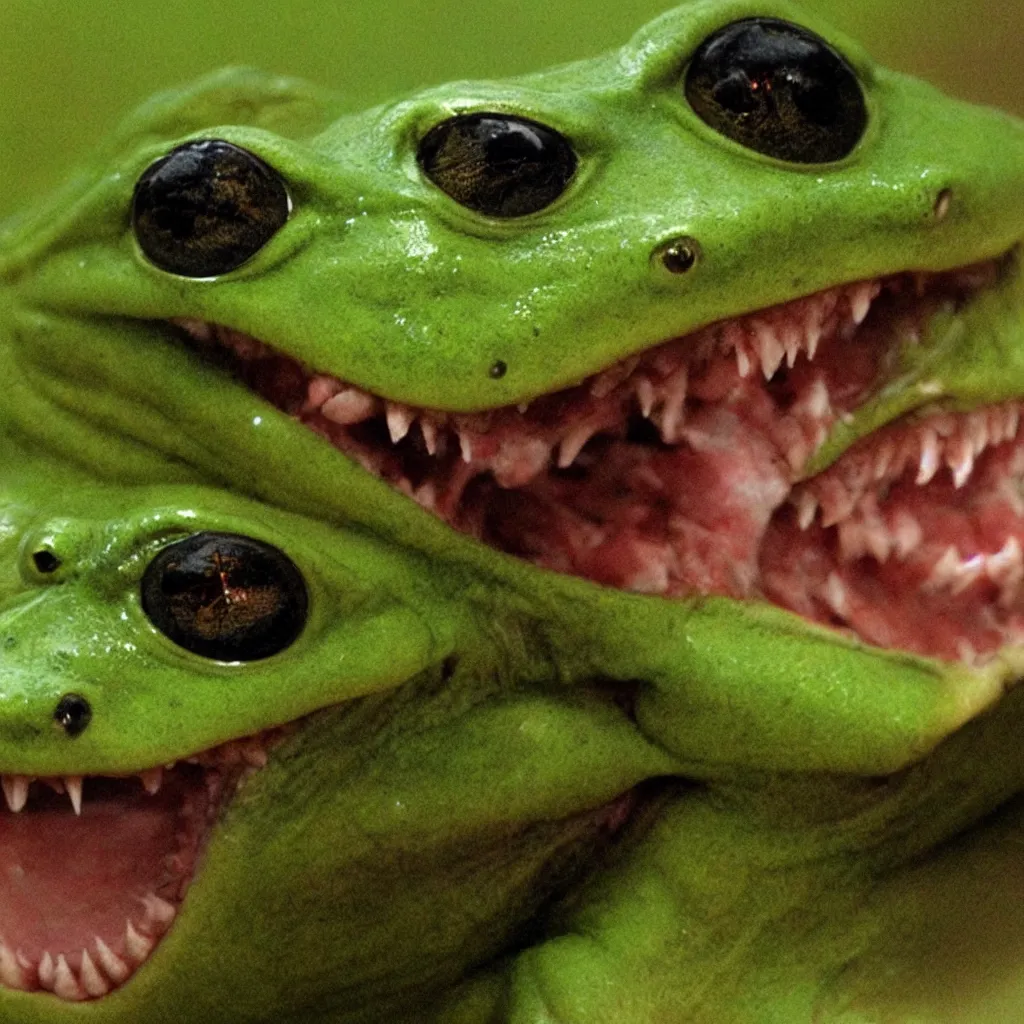 Prompt: horrifying bullfrog creature, fangs, demonic