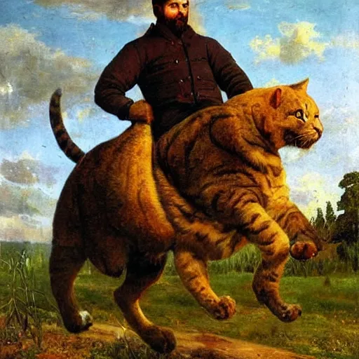 Image similar to man riding a huge cat, oil painting by Ivan Shishkin