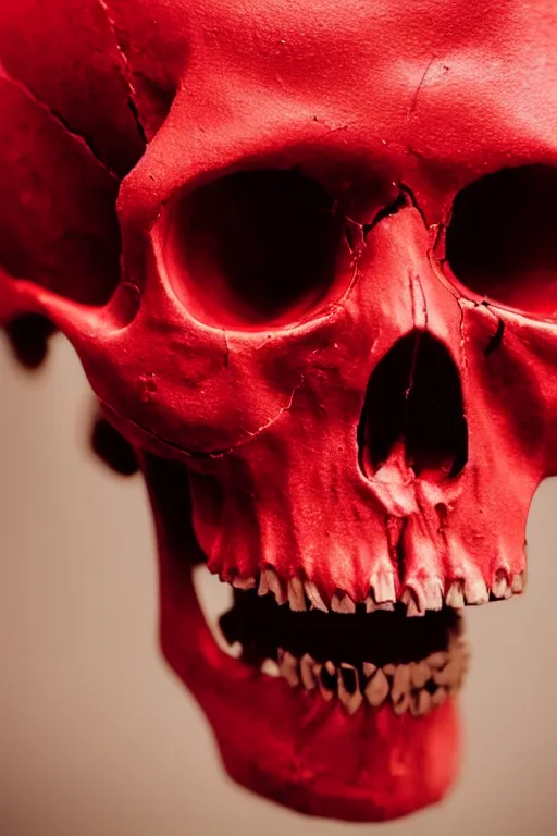 Prompt: a highly detailed photo of a skull dipped in red paint