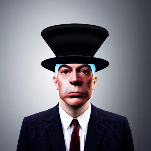 Image similar to portrait of a man wearing pants hat, realphoto render by rene magritte