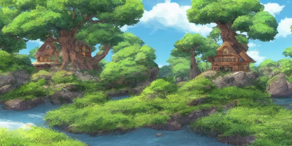 Image similar to a serene landscape with a singular house in giant tree ^ near a river with rocks, sunshine lightning, ghibli studio