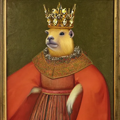 Image similar to “An oil painting portrait of a capybara wearing medieval royal robes and an ornate crown on a dark background”