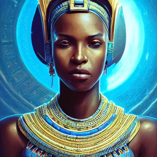 Image similar to highly detailed portrait of an african egyptian goddess, intricate alien technology, stephen bliss, unreal engine, fantasy art by greg rutkowski, loish, rhads, ferdinand knab, makoto shinkai and lois van baarle, ilya kuvshinov, rossdraws, tom bagshaw, global illumination, radiant light, detailed and intricate environment